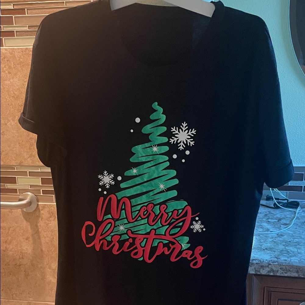 Festive Black Christmas T-Shirt with Green Tree Design